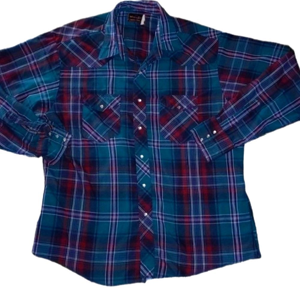 Wrangler Western Shirts Plaid Snap Front Long Sleeve Men XL Teal Burgundy